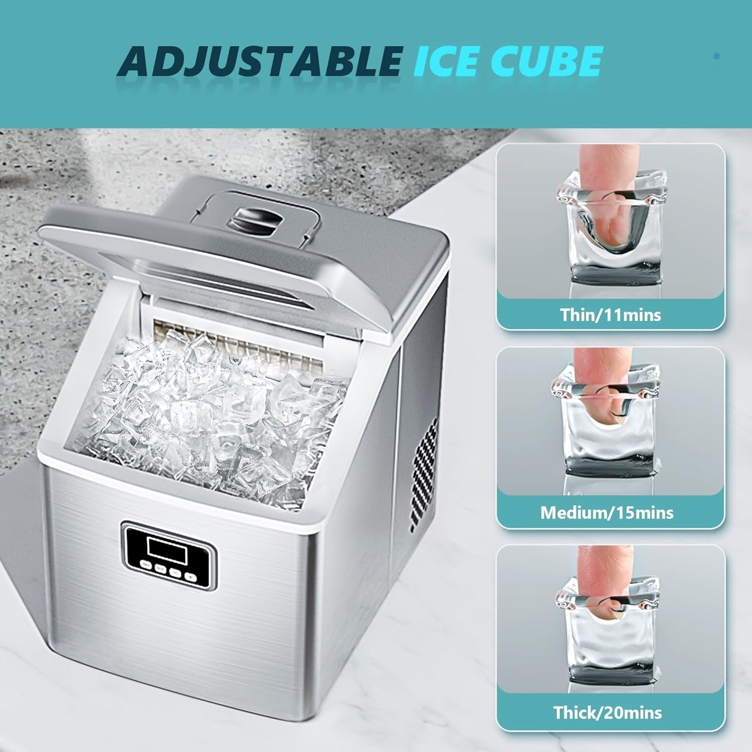 Quiet Operation 40Lbs/Day Ice Maker with Removable Basket – Ideal for Home & Bar