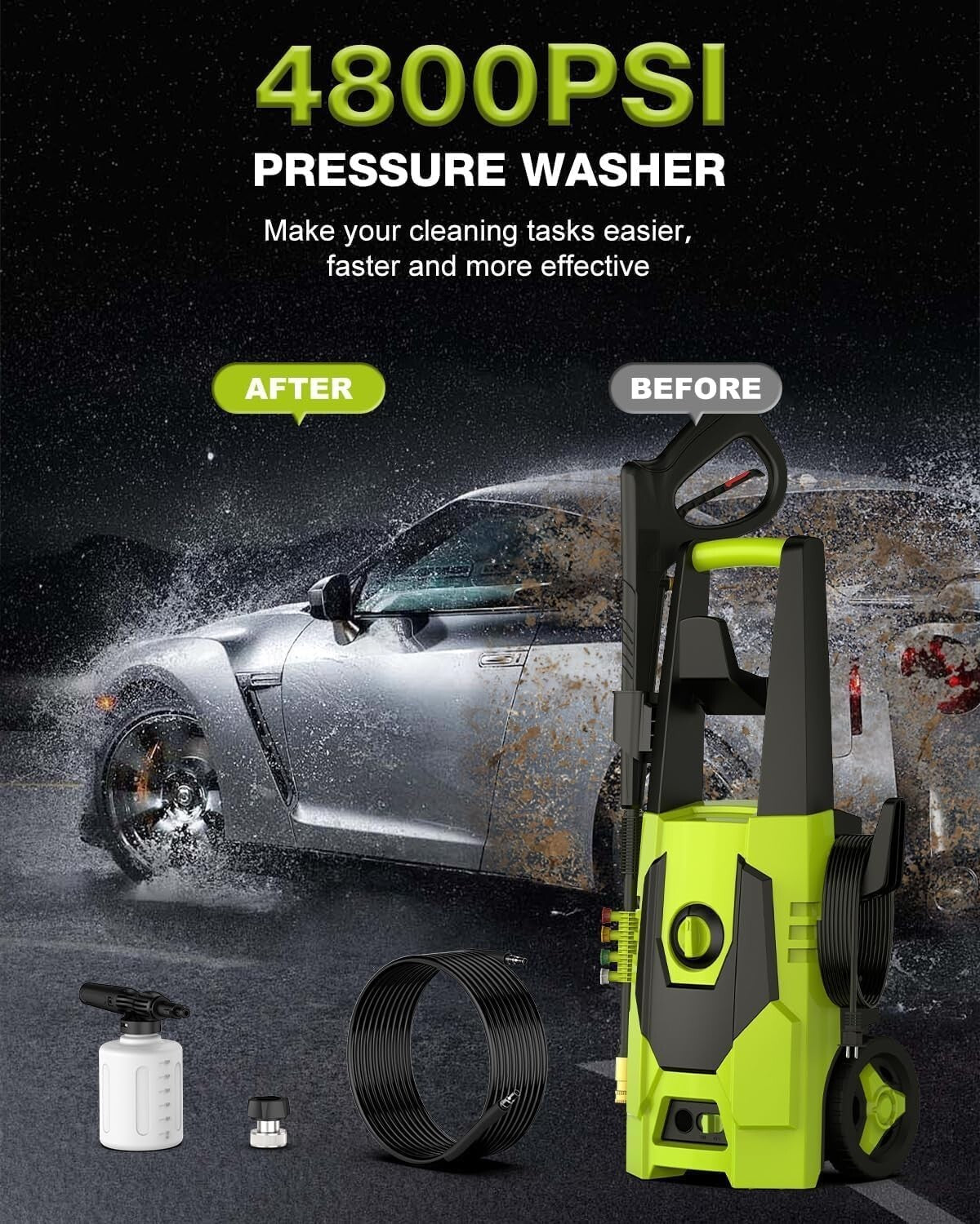 4800 PSI Electric Pressure Washer - Powerful 3.2 GPM Cleaning System in Green