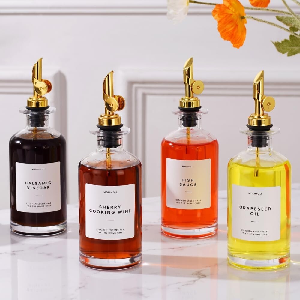 Elegant 350ml Olive Oil Dispenser Set with Gold Pourers and Waterproof Labels