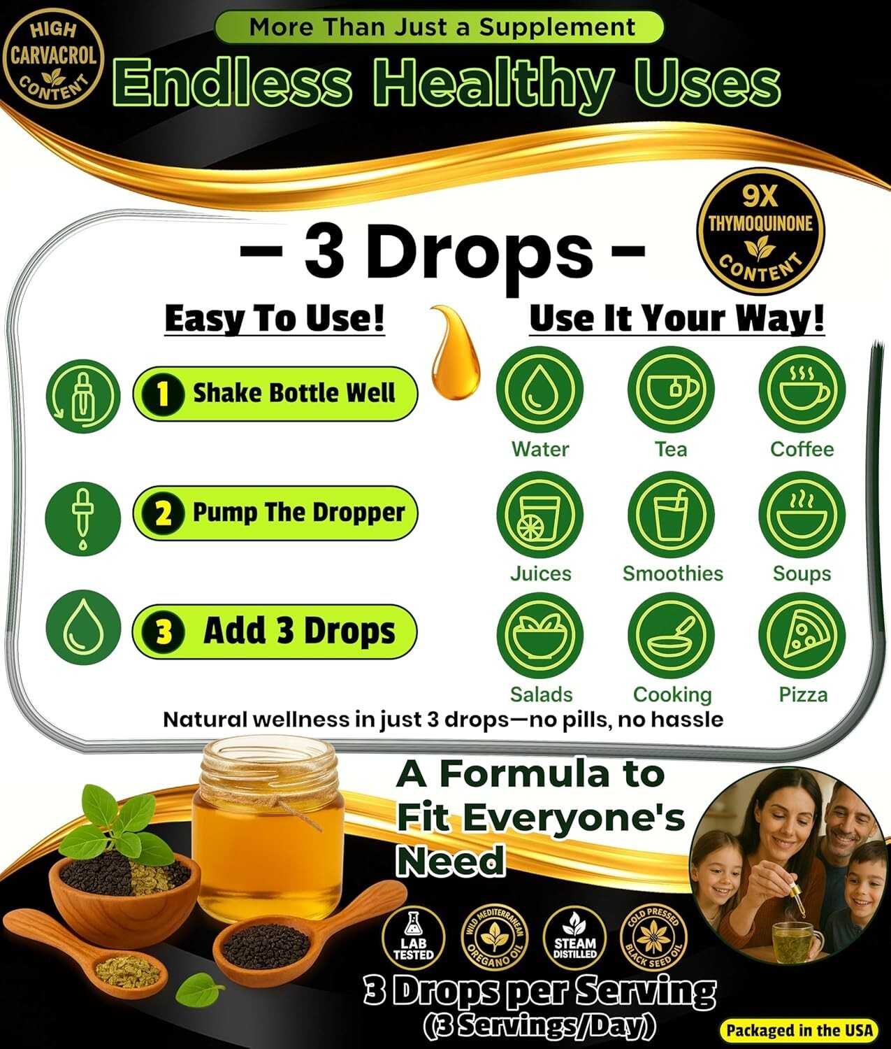 Natural Oil of Oregano & Black Seed Extract - Organic 400 Servings for Vitality