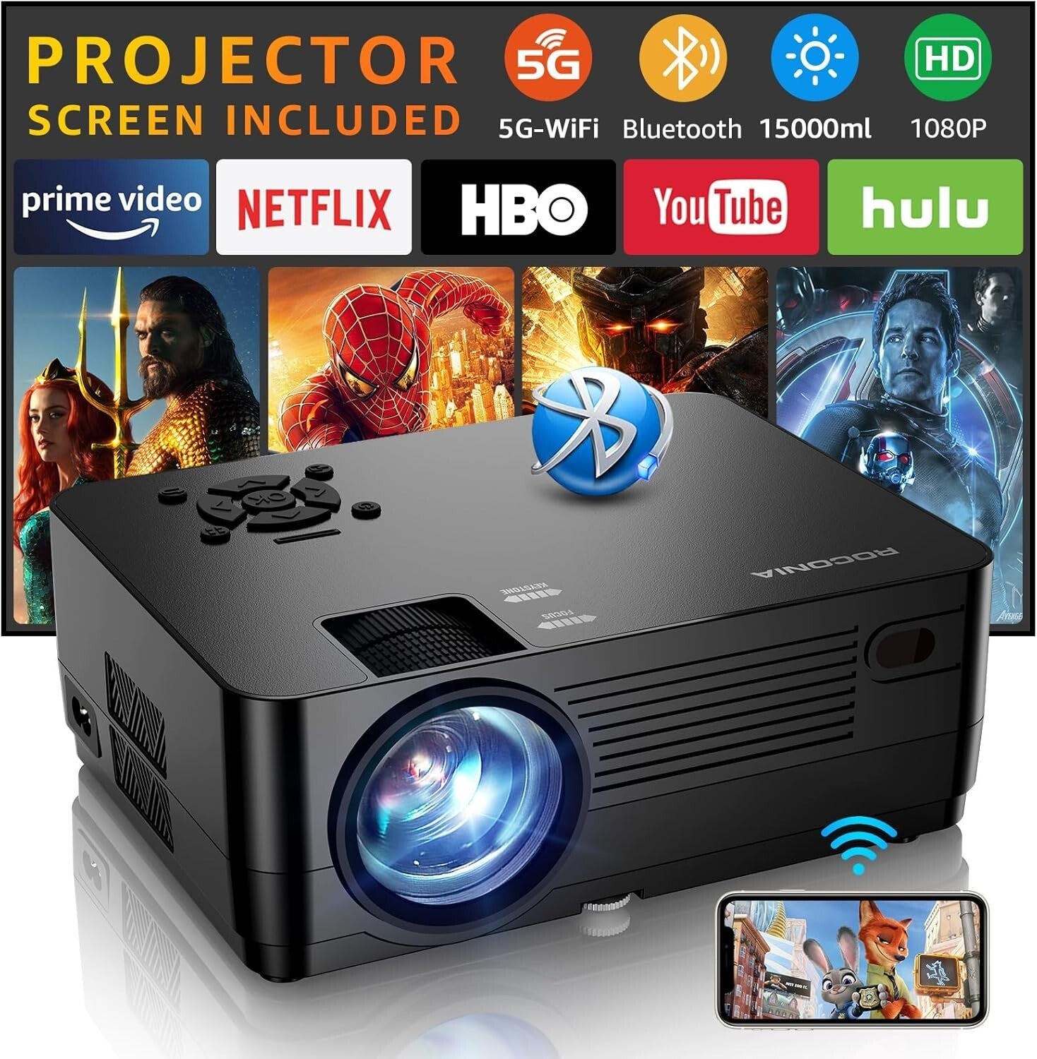 Full HD Projector with 5G WiFi & 100" Screen - Perfect for Home Theater & Gaming