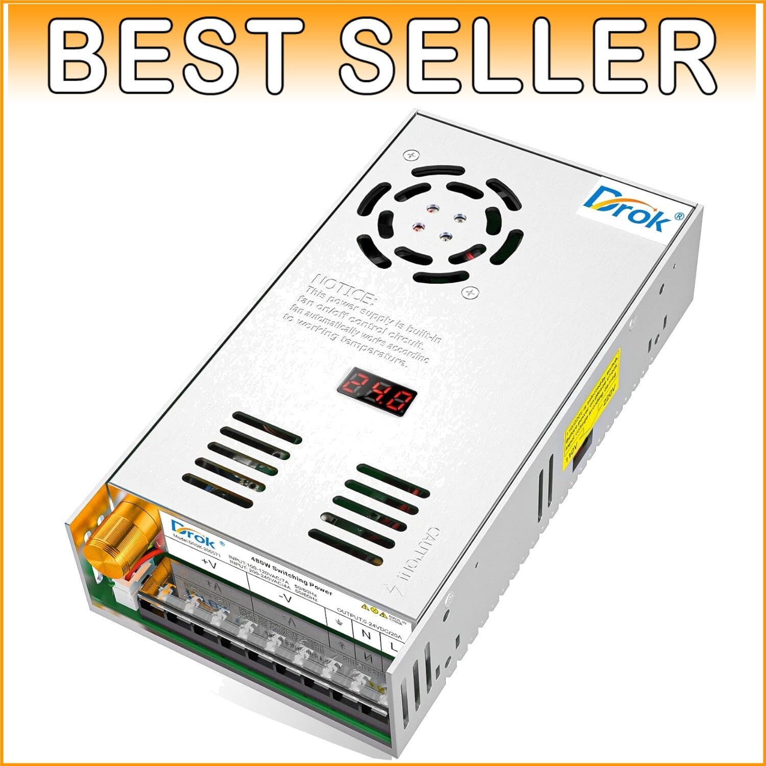 Adjustable 24V Power Supply - AC 110V/220V to DC 0-24V, 20A with LED Display