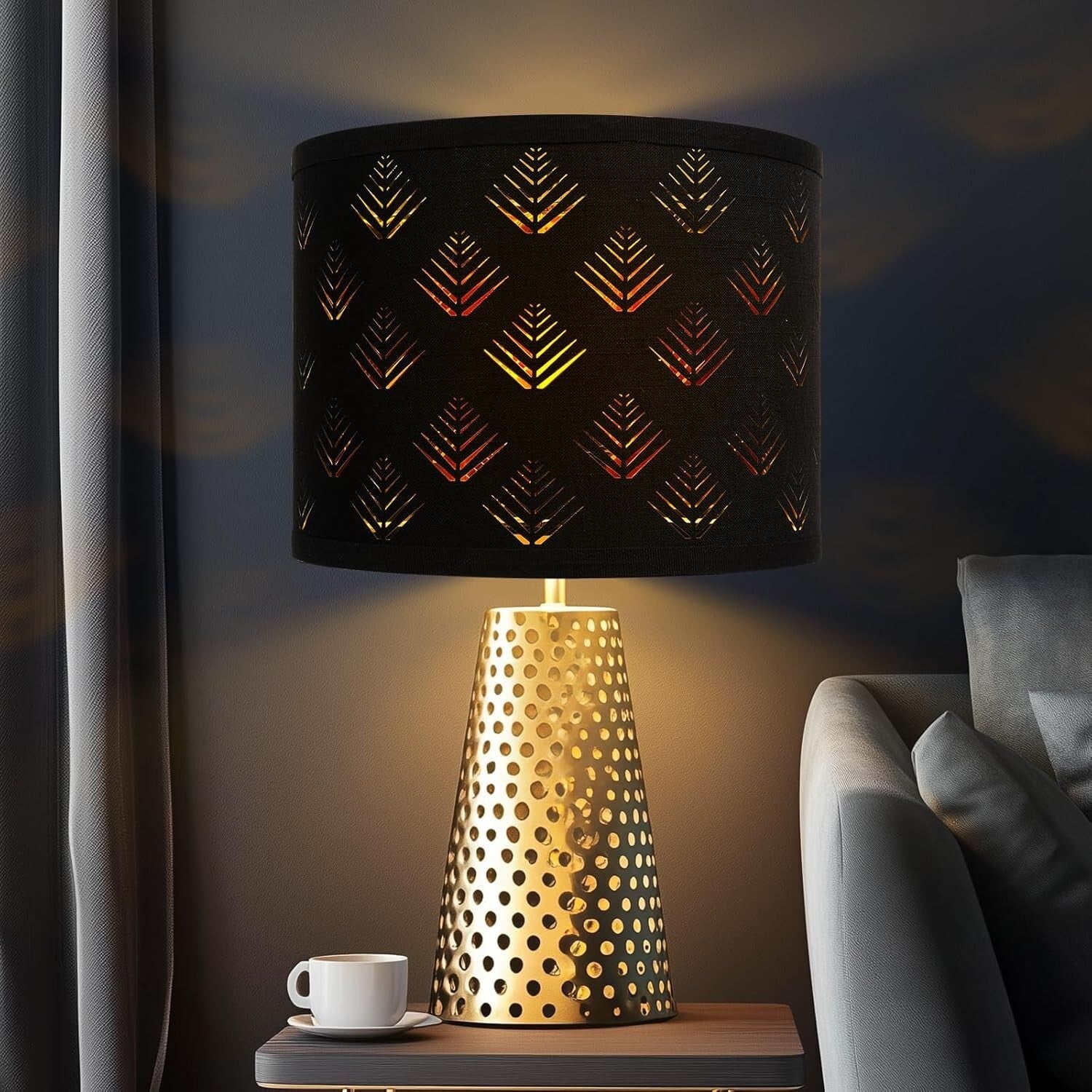 Stylish Black Drum Lampshades with Leaf Pattern - 13"x10" Easy Install Set of 2