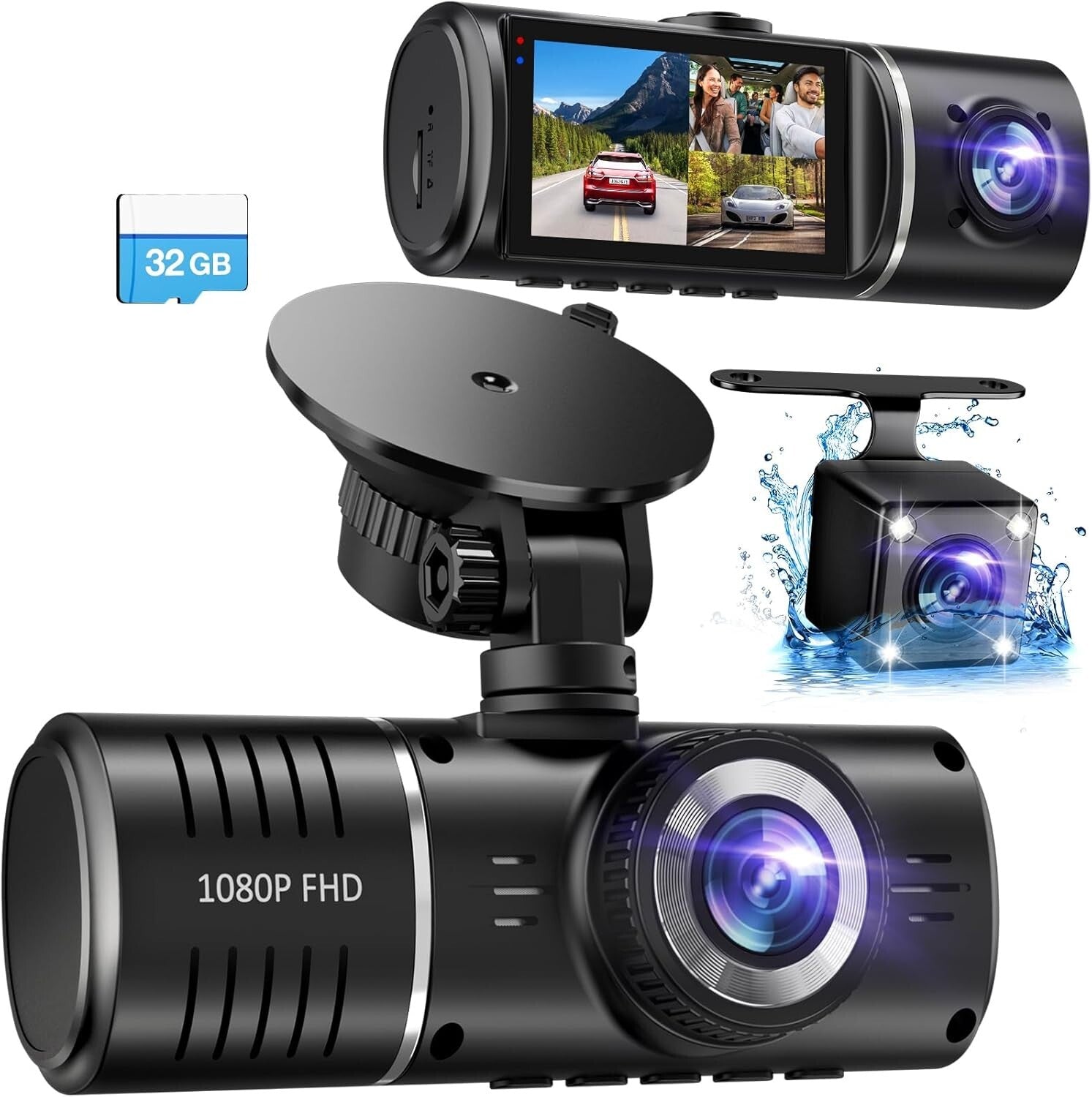 Triple Channel 1080P Dash Cam - Front, Rear & Cabin Camera for Total Safety