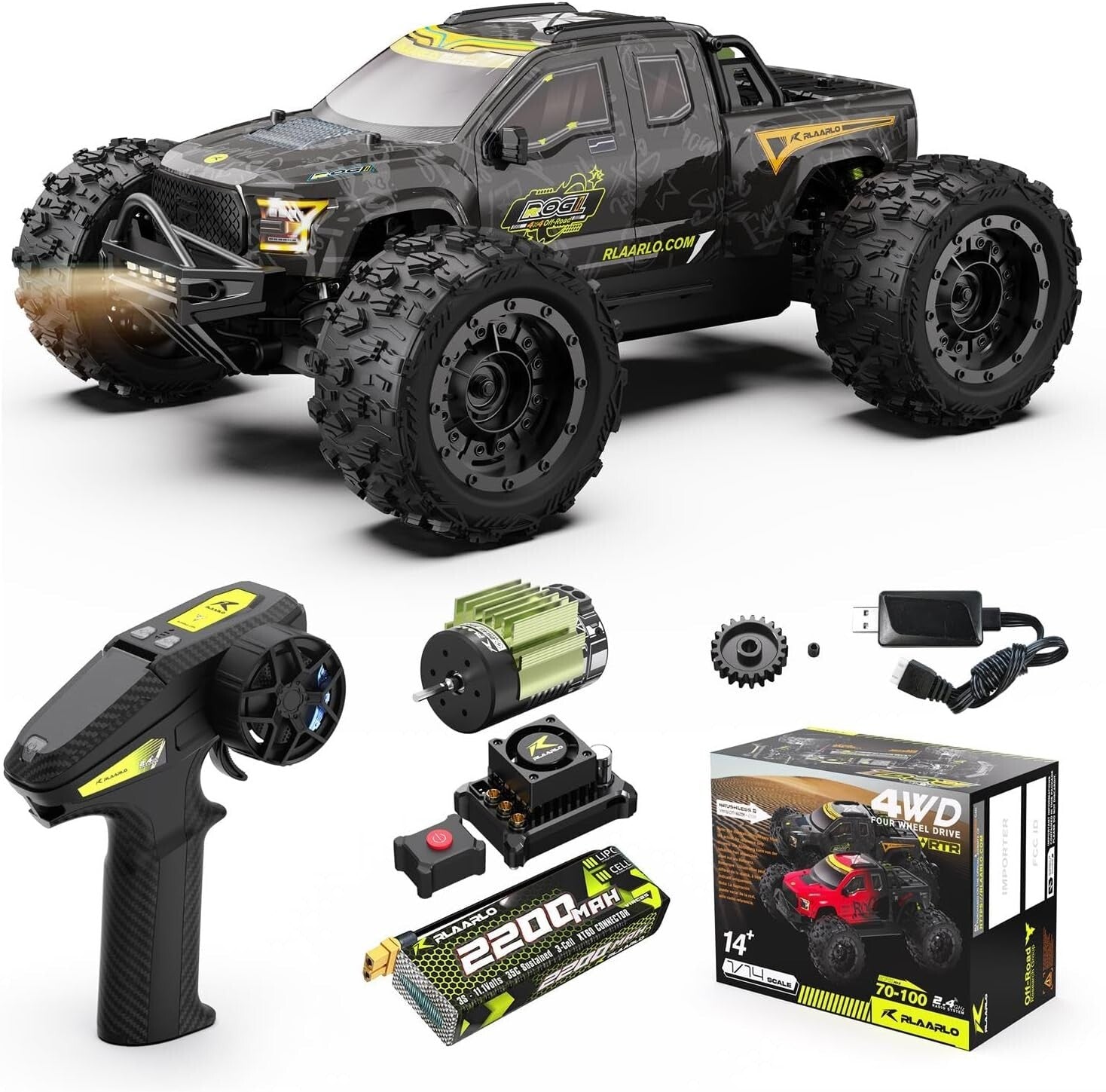 1/14 Brushless RC Car - 60+ MPH All-Terrain Monster Truck with 3S Battery