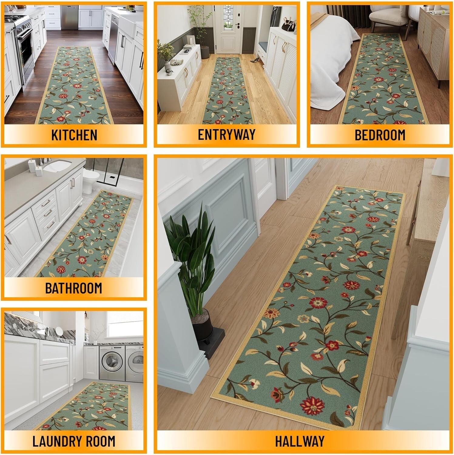 Elegant 2'7" x 9'10" Floral Runner Rug with Non-Slip Backing - Seafoam Green