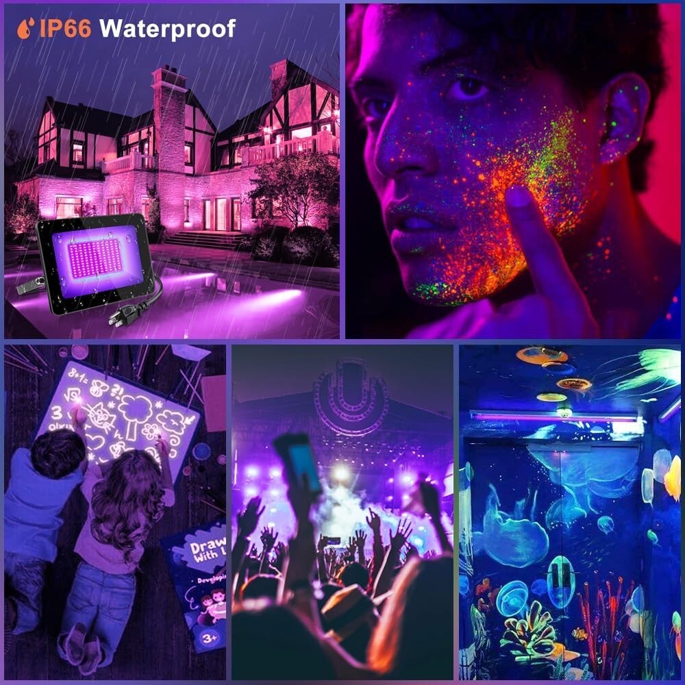 2 Pack 30W Waterproof UV Black Lights with Adjustable 180° Design for Parties