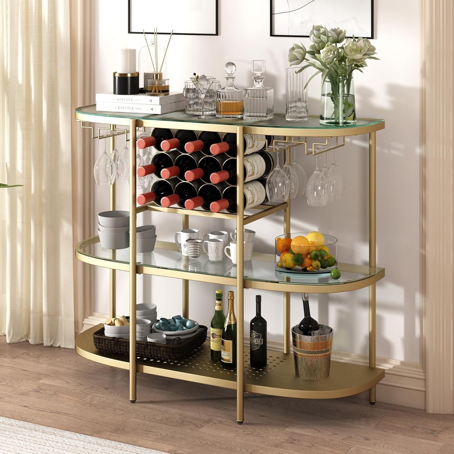 Compact Modern Gold Bar Table with 12-Bottle Wine Rack and Glass Holders