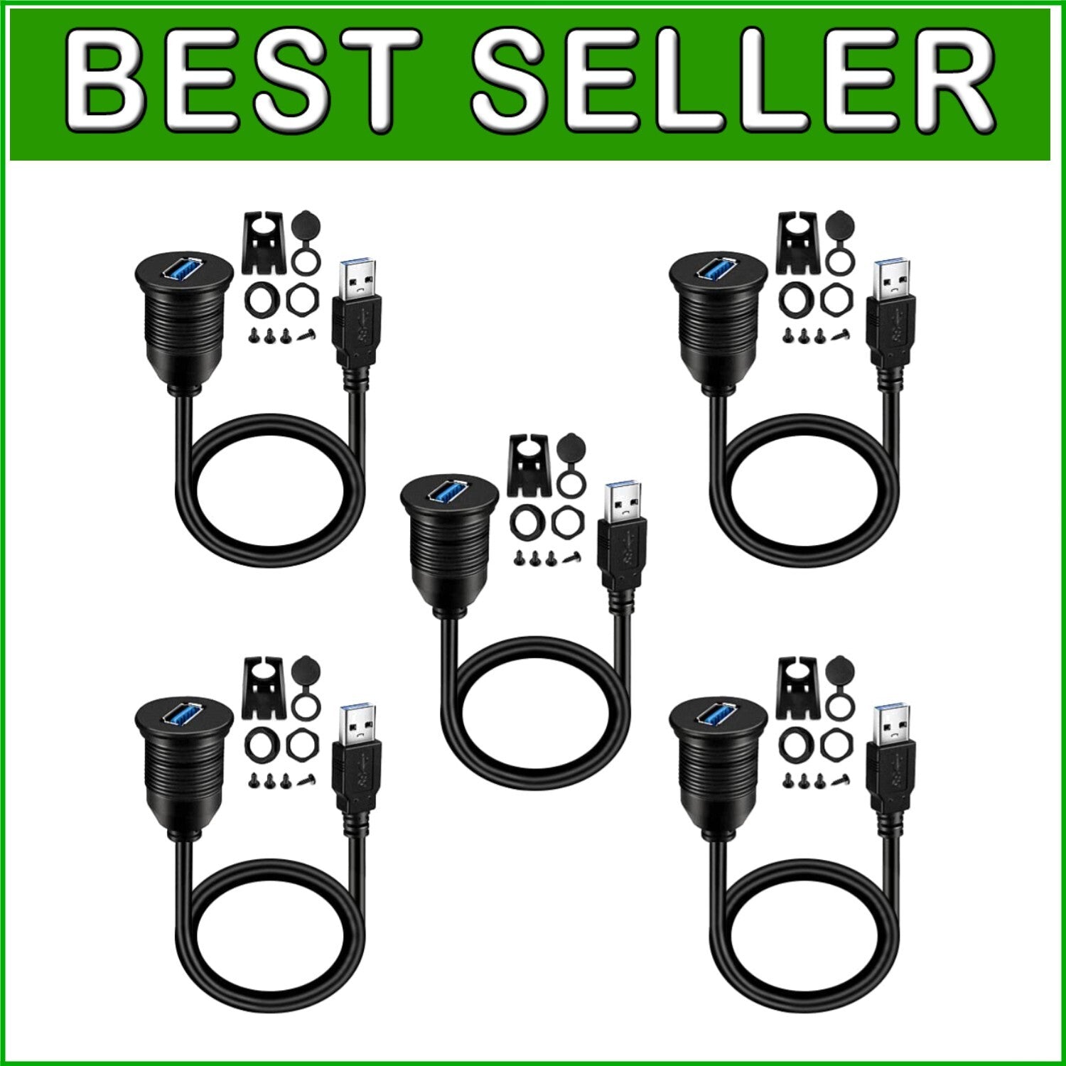 5 Pack Waterproof USB 3.0 Car Mount Flush Cable Extension, 1ft - Durable Design