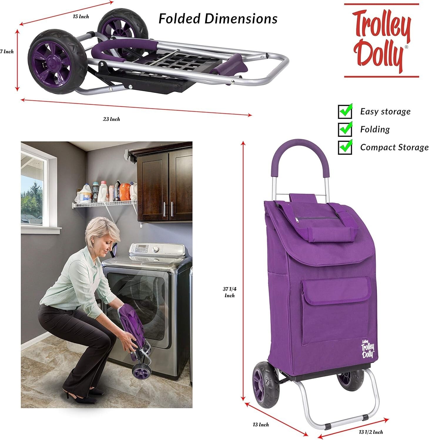 Compact Purple Foldable Grocery Cart with Oversize Wheels & Weatherproof Design