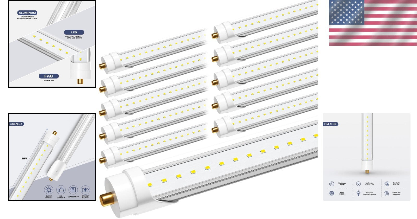 Efficient 8ft LED T8 Bulbs, 40W 4800LM, 6000K Clear Cover - Indoor Use 10 Pack