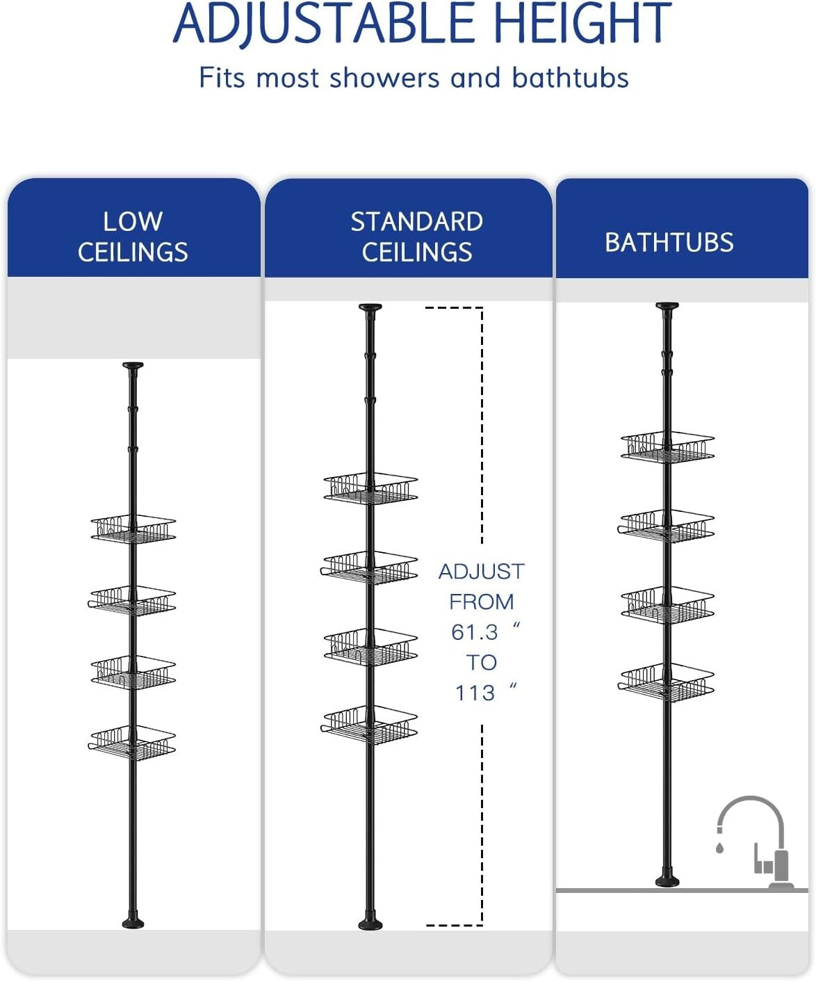 Durable Rust-Resistant Shower Organizer - Freestanding Tension Pole Caddy 113 In