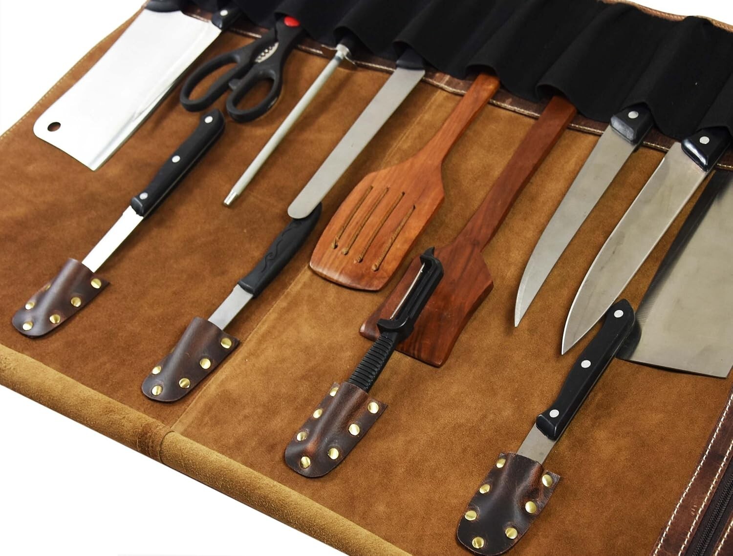 Artisan Crafted Leather Knife Roll with Adjustable Strap & 10 Elastic Pockets