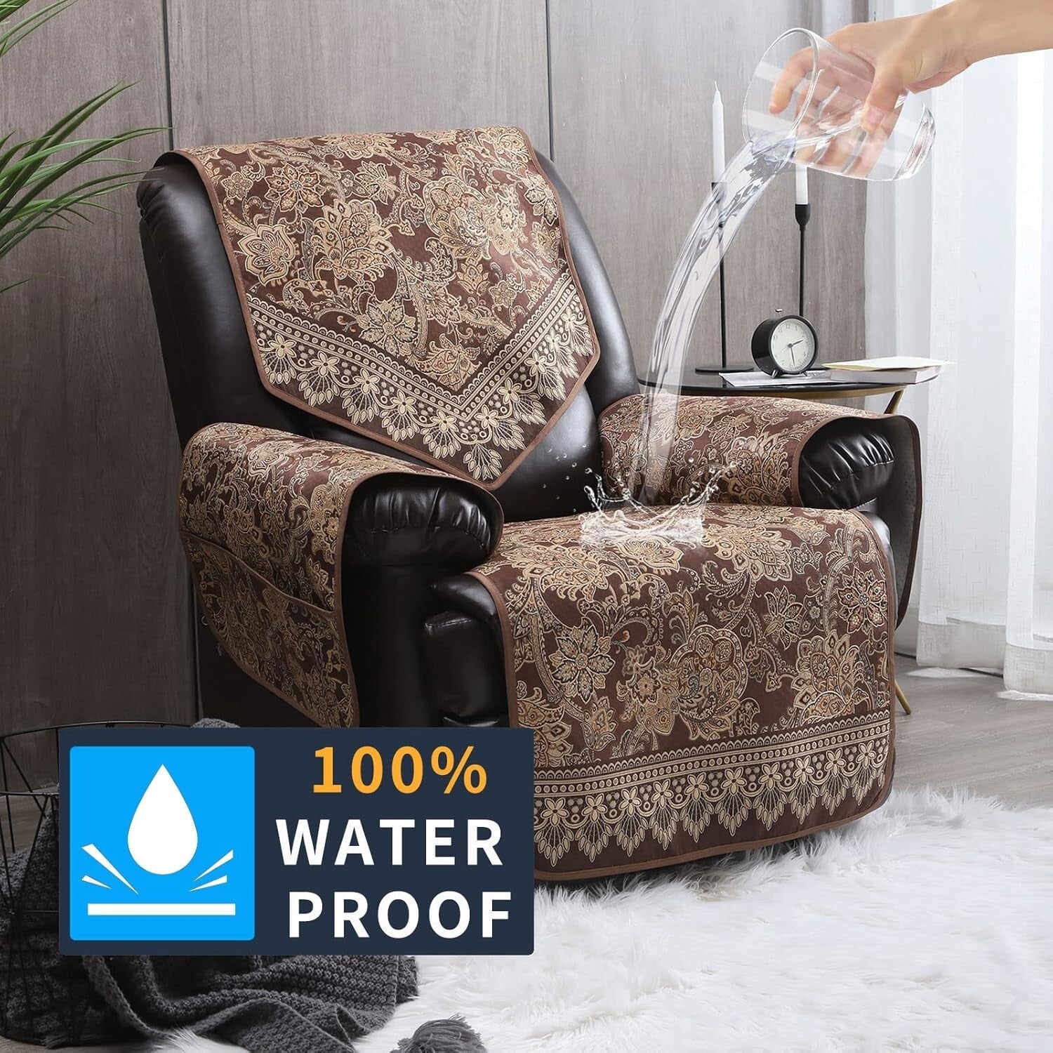 Elegant Waterproof Recliner Chair Covers with Non-Slip Design & Pockets - Brown