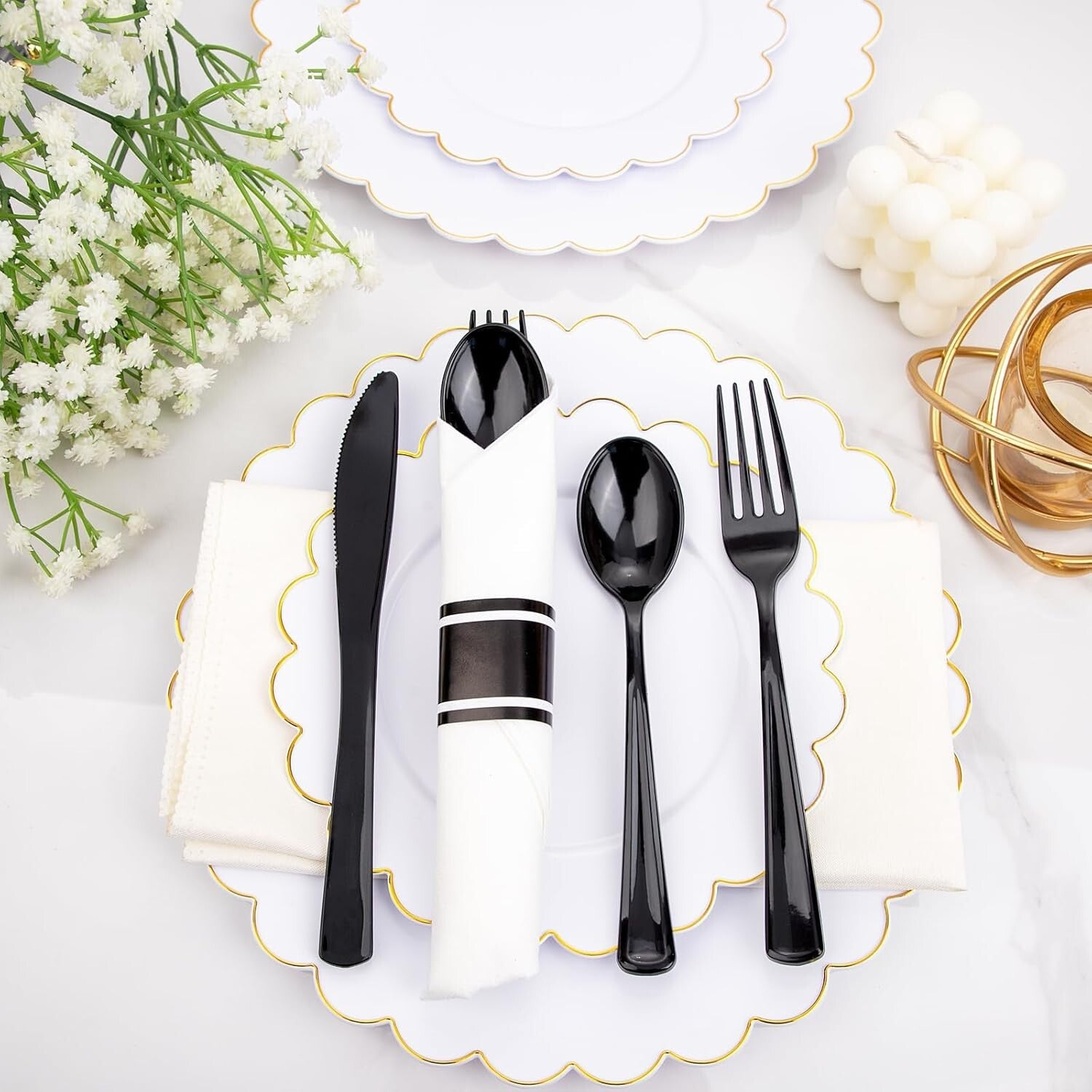 60-Pack Heavy Duty Pre-Wrapped Black Plastic Cutlery with Napkins - Elegant &...