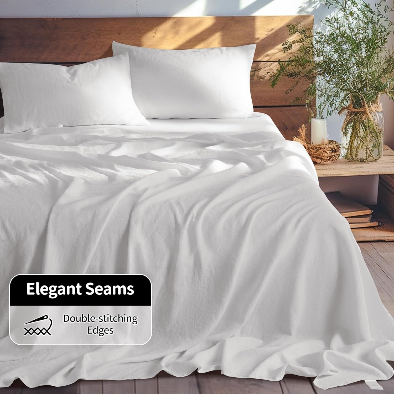 Luxurious 100% Linen King Size Bed Sheet Set - 4 Piece Solid White Bedding