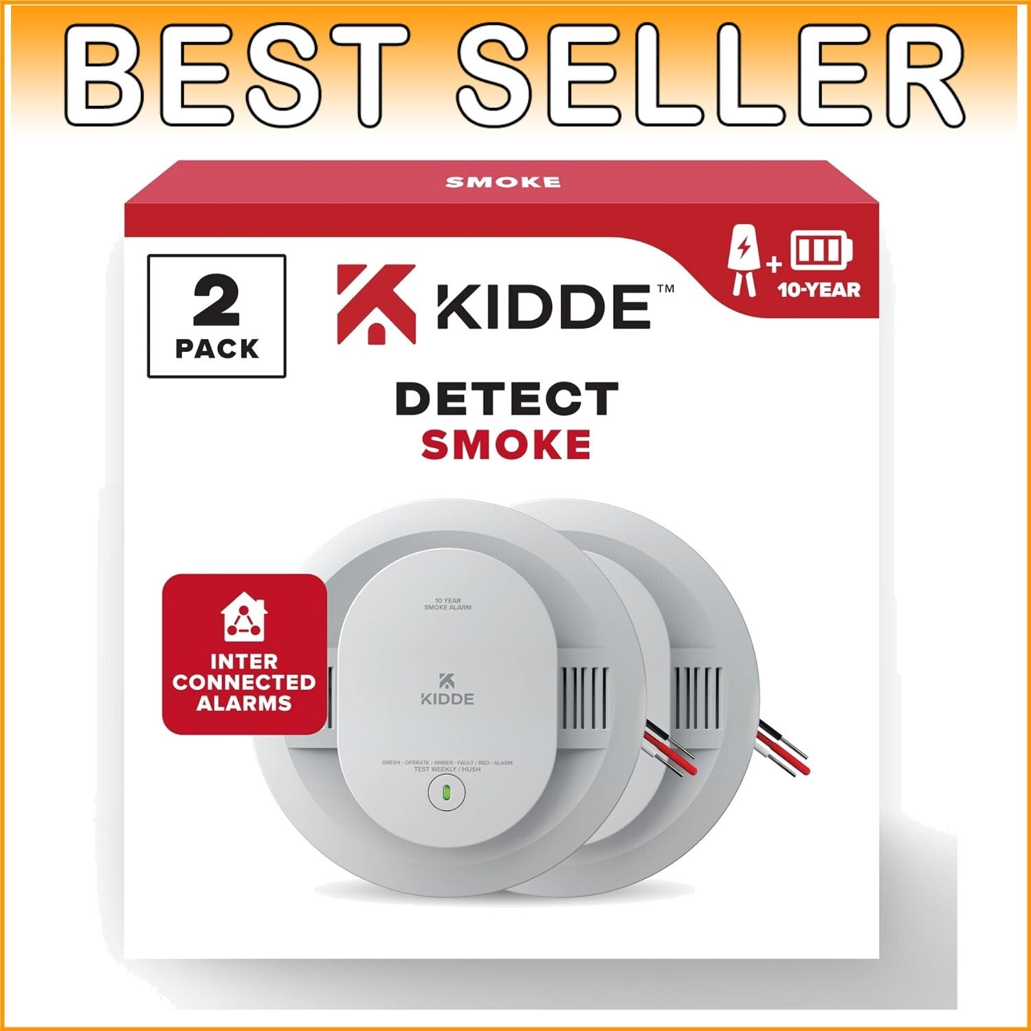 Photoelectric Hardwired Smoke Alarms, 10-Year Backup, Interconnected - 2 Pack