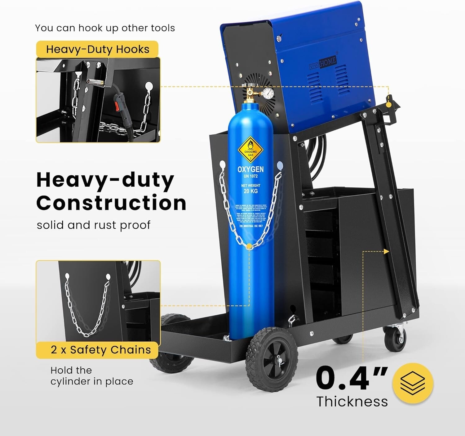 Compact Portable Welding Cart with Four Drawers & Safety Chains for Tank Storage