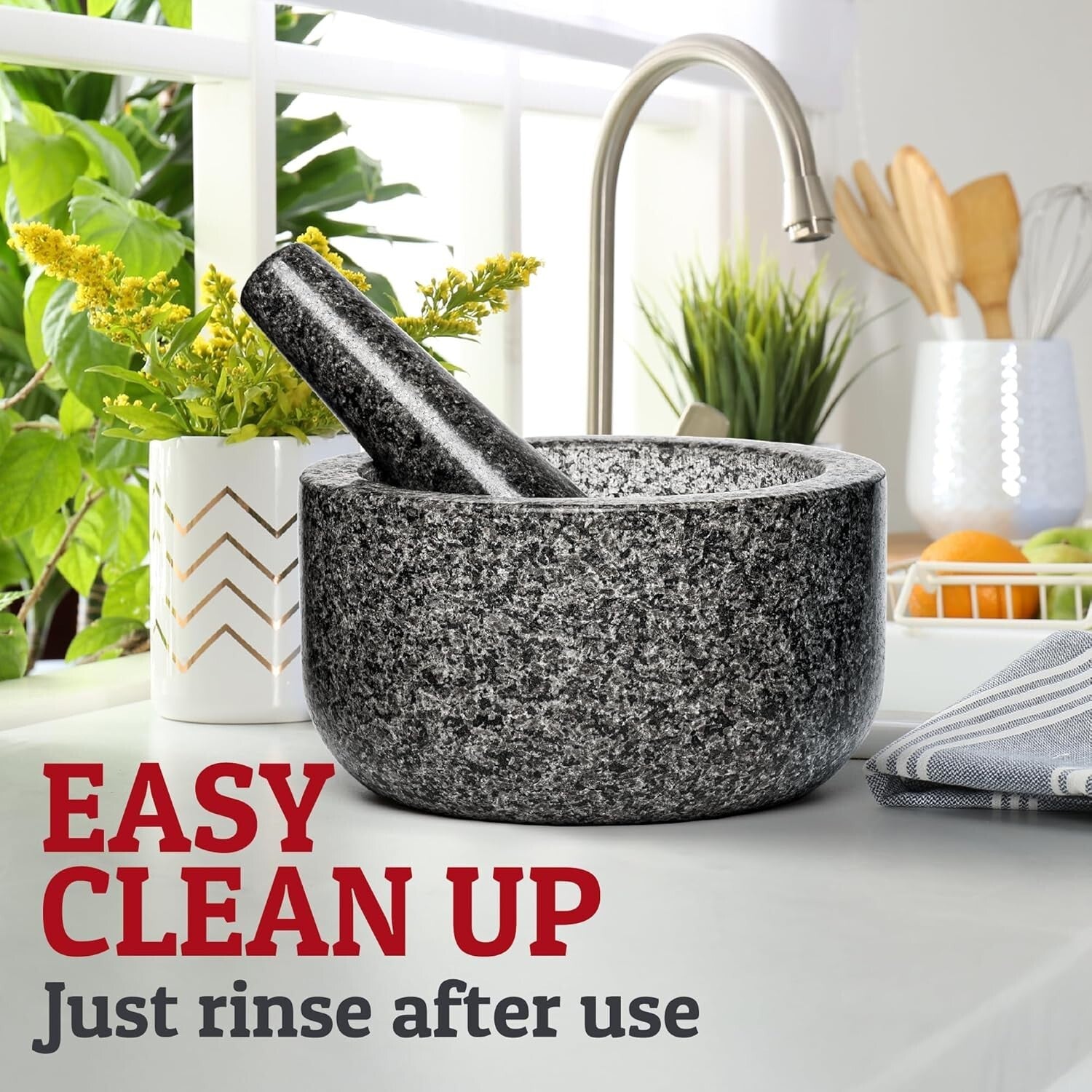 Large Black Granite Mortar and Pestle with Non-Slip Features - Stone Grinder