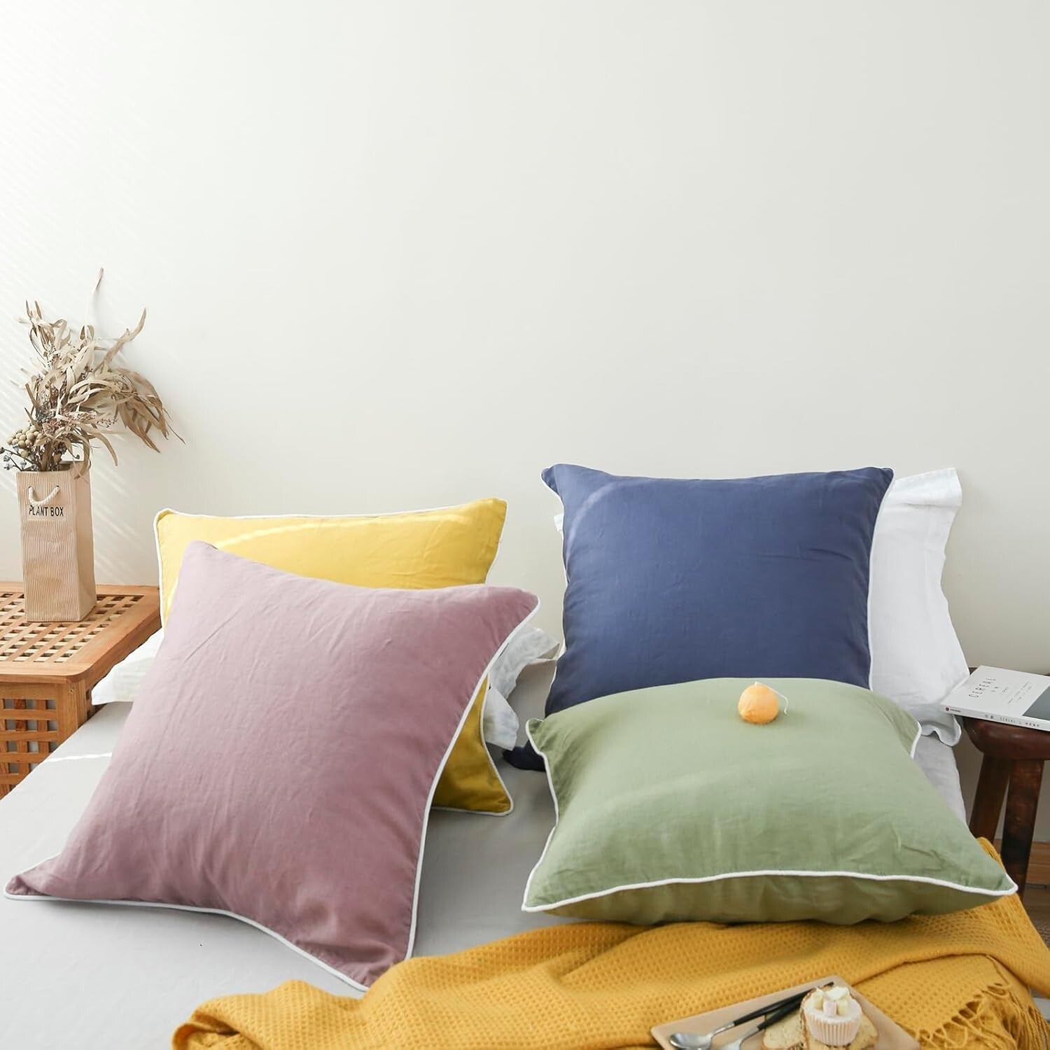 Classic White Trim Linen Euro Pillow Shams - Set of 2, 26"x26" Luxury Covers