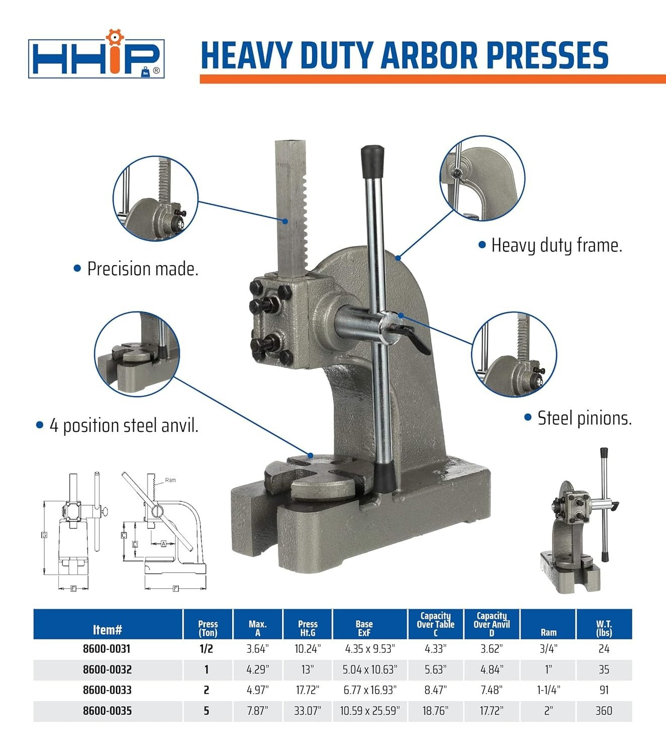 Heavy Duty Manual Arbor Press - 13 Inch Height with Steel Anvil for Durability