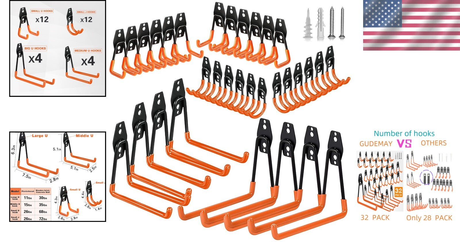 32 Pack Heavy-Duty Garage Hooks with Non-Slip Coating - Easy Wall Mount Storage