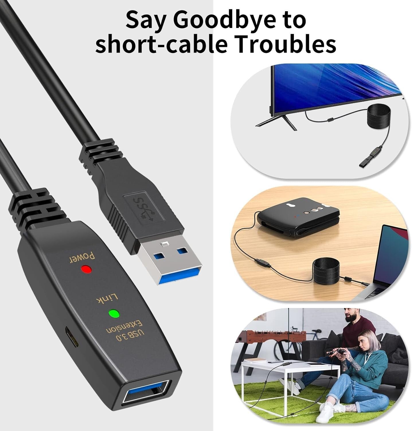 High-Speed 75ft USB 3.0 Extension Cord - Compatible with Laptops and Consoles