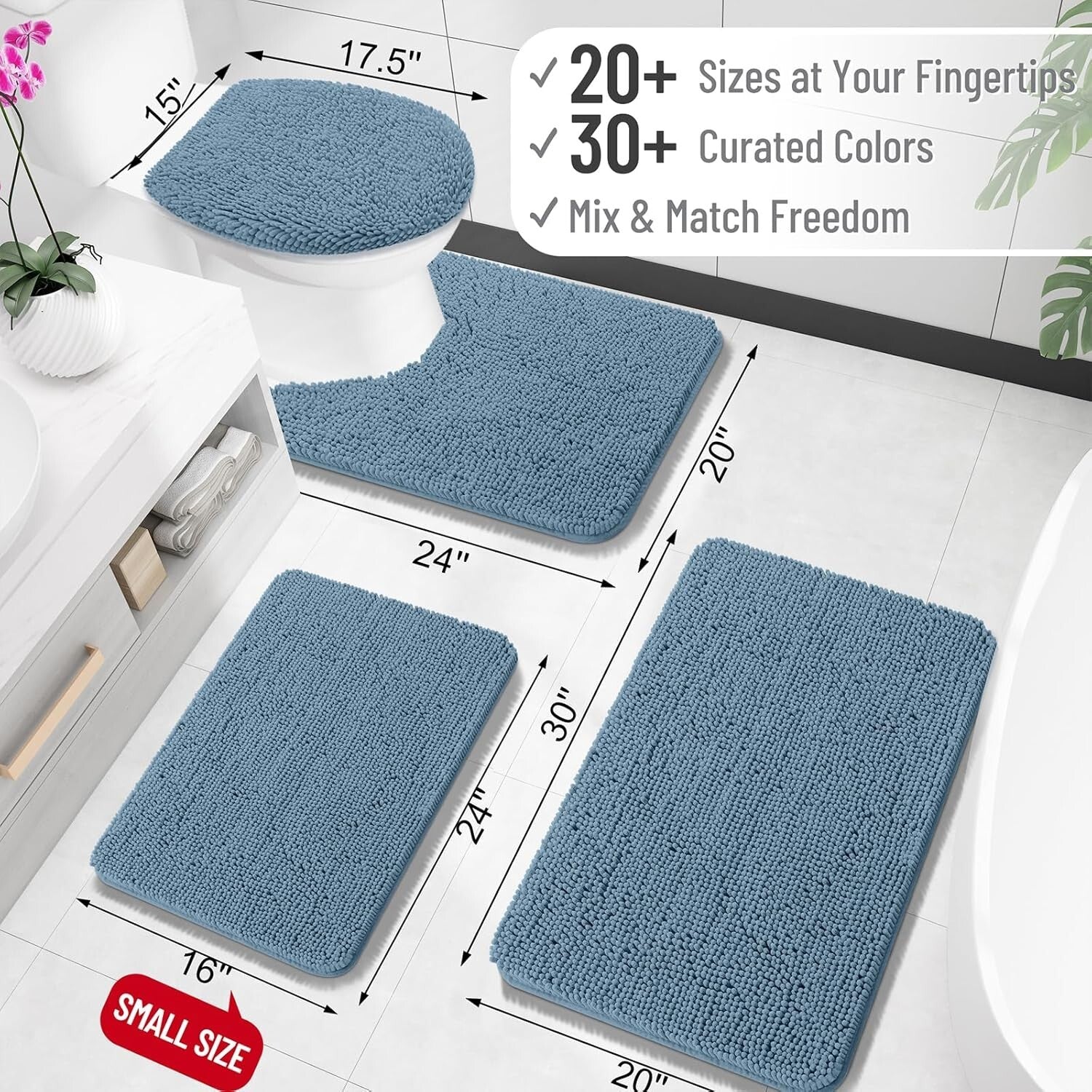 Airy Blue Chenille Bath Mat 30x20 - Plush, Absorbent & Machine Washable Beauty