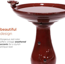 Load image into Gallery viewer, 25" Tall Red Antique Ceramic Birdbath with 2 Bird Figurines – Outdoor Elegance