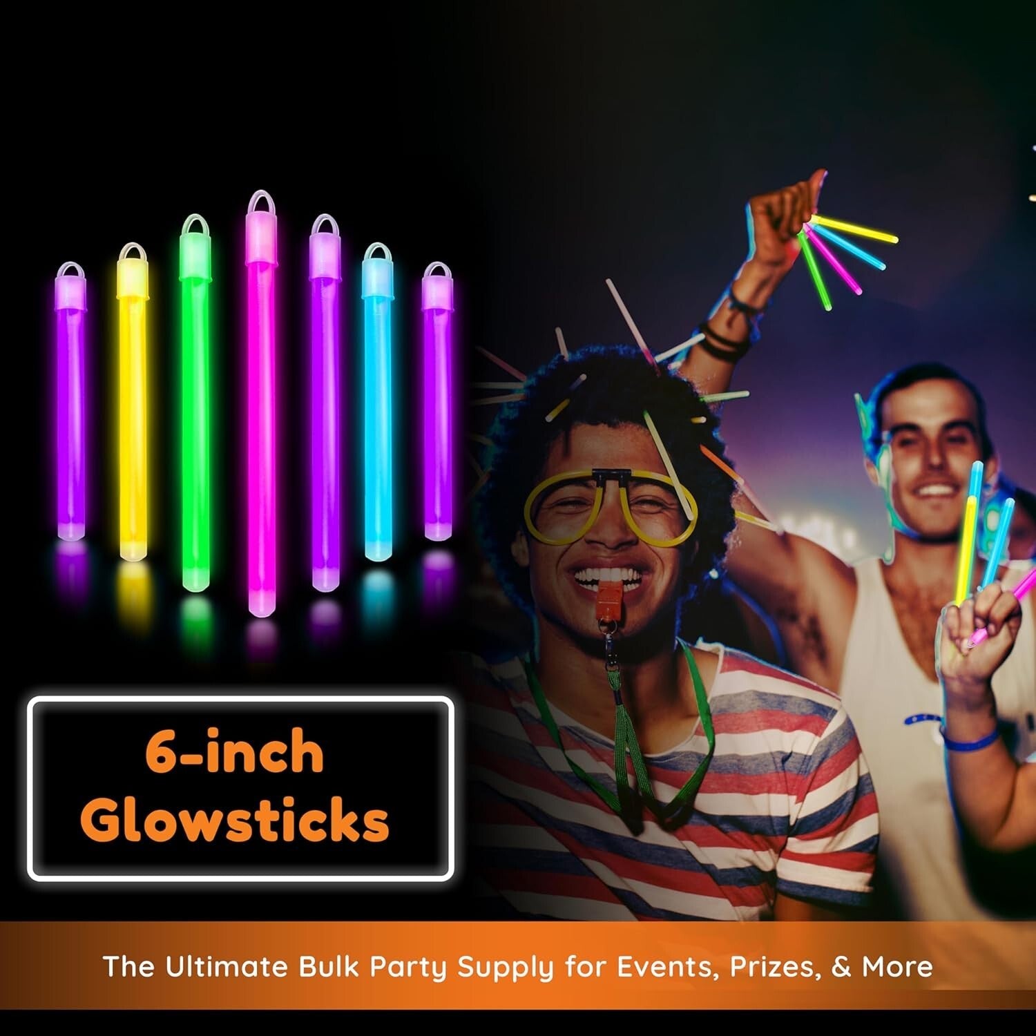 Glow in The Dark Sticks 100 ct - Vibrant 6" Party Pack with Lanyards & Caps