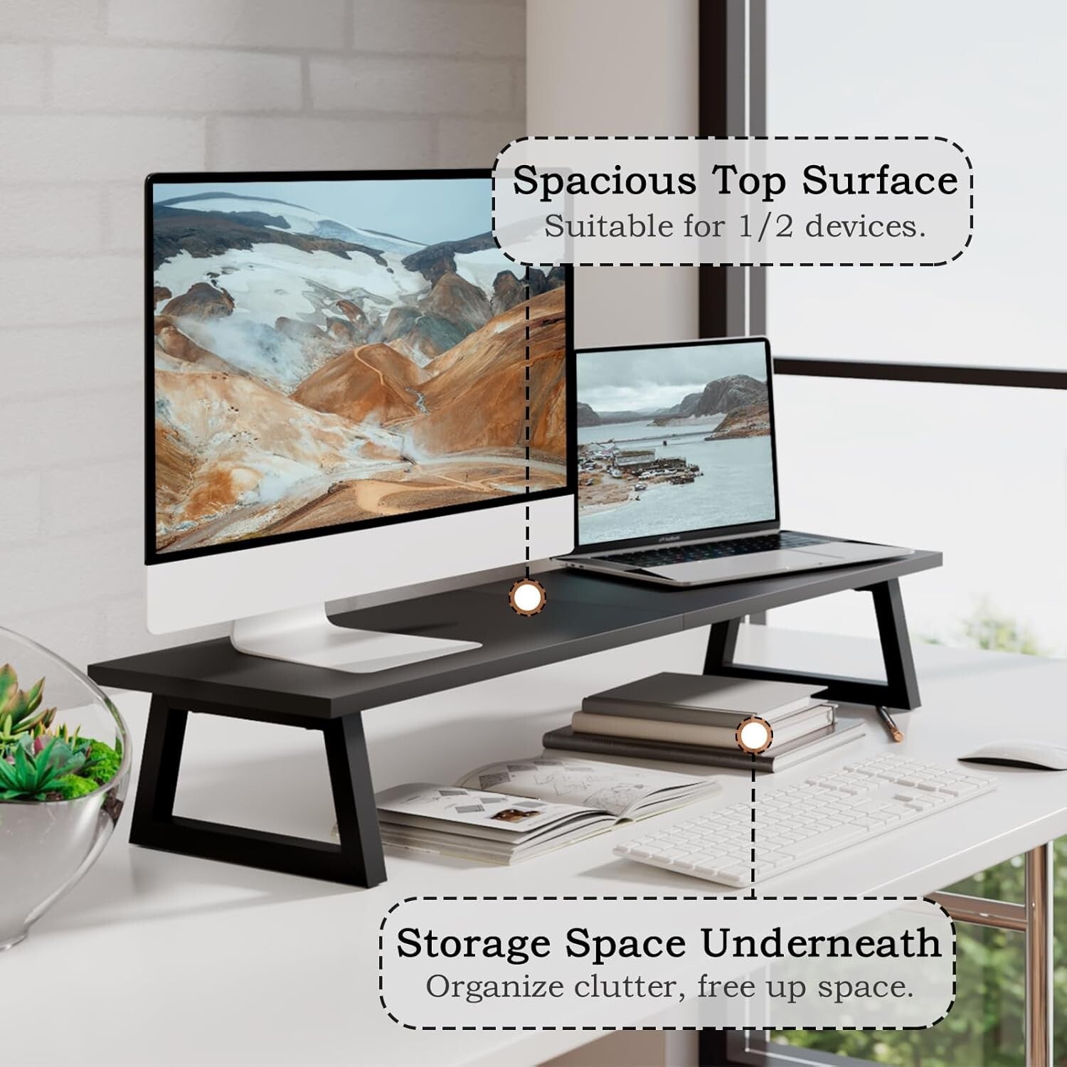 Ergonomic Black Wood and Steel Monitor Stand - Easy Assemble & 150 lbs Capacity