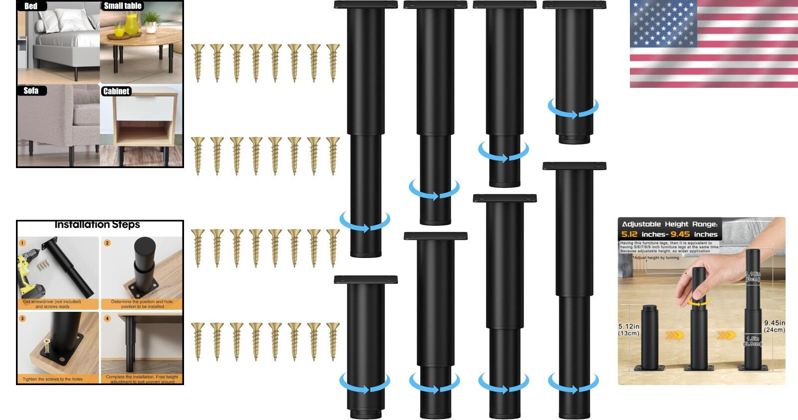 8 Heavy-Duty Adjustable Furniture Legs - Modern Black Metal Legs for Home Decor