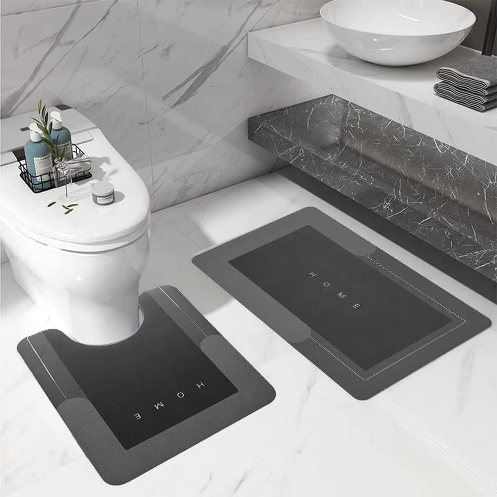 Absorbent 2-Piece Bath Mat Set with U-Shaped Rug - Stylish Dark Grey Design