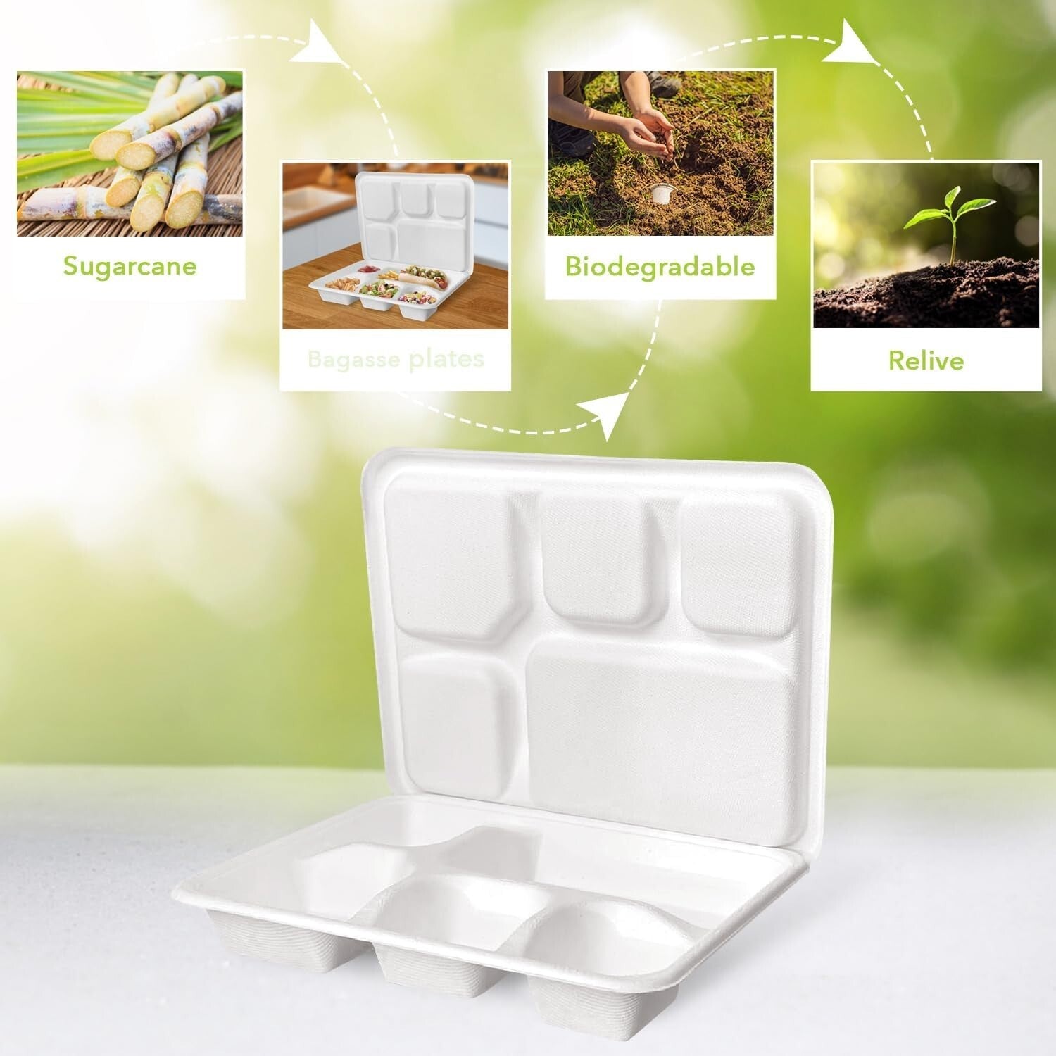 Heavy-Duty 5-Compartment Eco-Friendly Meal Tray Set - 200 Biodegradable Plates