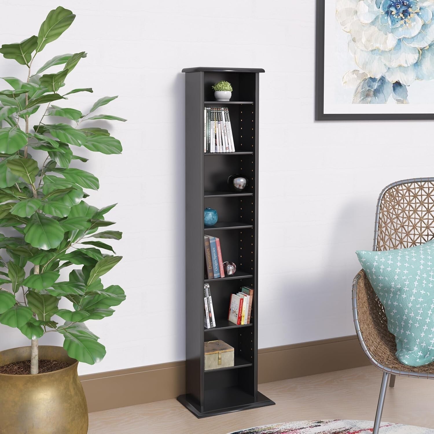 Durable Black Media Cabinet with 7 Adjustable Shelves for Customized Storage
