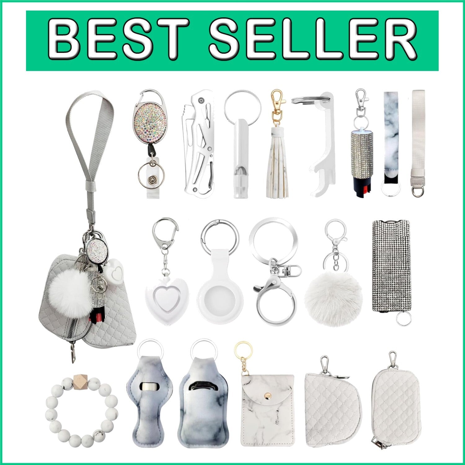 Chic PU Leather Wristlet Keychain Set with Pom Pom & Safety Alarm Accessory