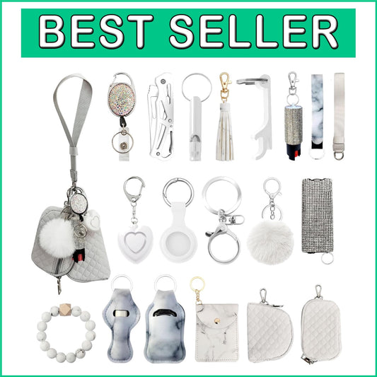 Chic PU Leather Wristlet Keychain Set with Pom Pom & Safety Alarm Accessory