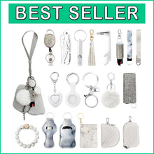 Load image into Gallery viewer, Chic PU Leather Wristlet Keychain Set with Pom Pom &amp; Safety Alarm Accessory