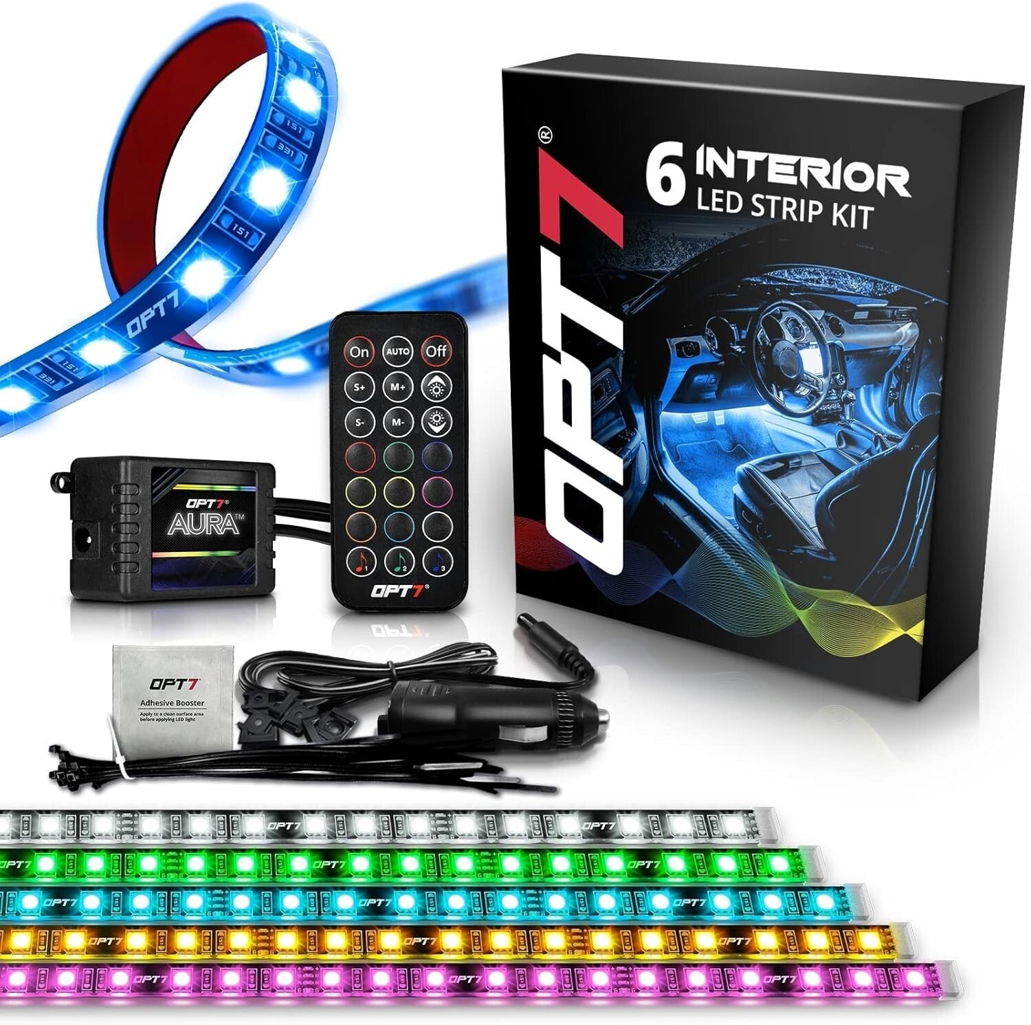 Flexible & Durable Interior Car LED Lights - 6pc with Remote Control & Charger