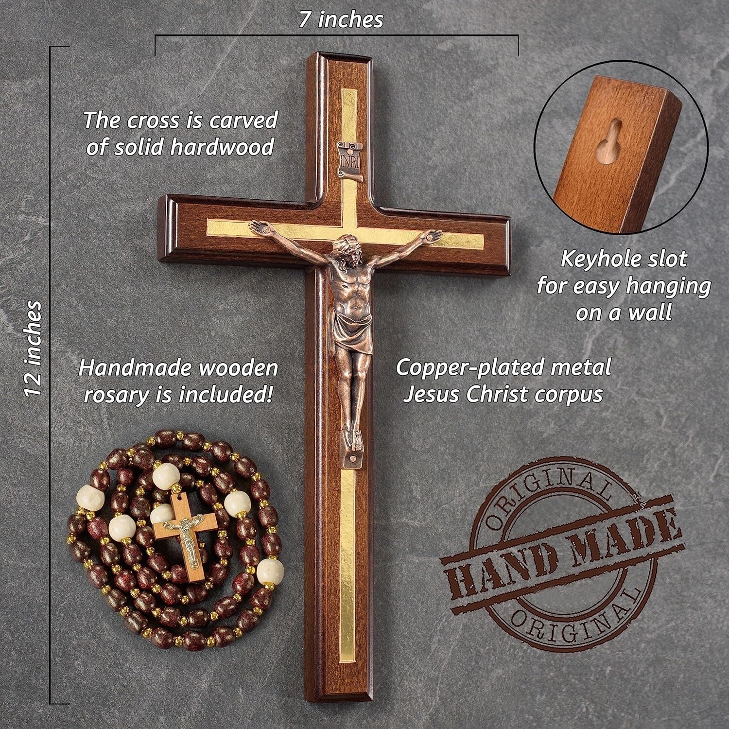 12-Inch Elegant Crucifix Wall Cross - Solid Hardwood with Copper Jesus & Rosary