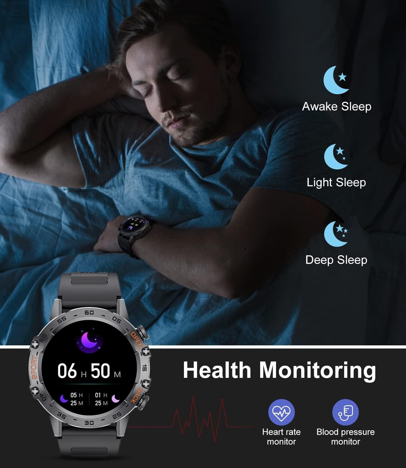 All-in-One Military Smart Watch with Health Tracker & HD Touch Screen Display