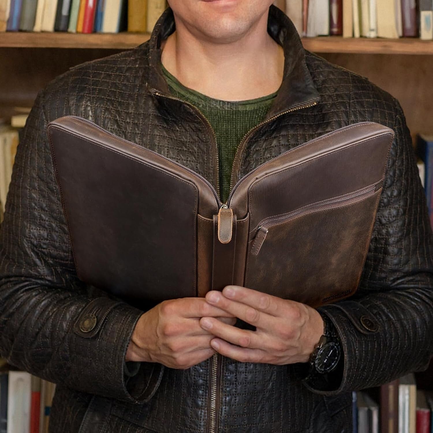 Luxurious Leather Bible Carrying Case Organizer with Zipper Closure - Dark Brown