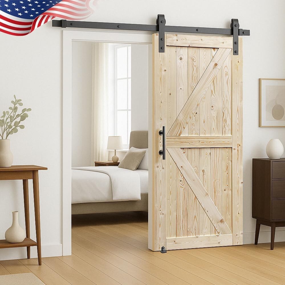 36x84 Unfinished Knotty Pine Barn Door with Sliding Hardware Kit for Elegance
