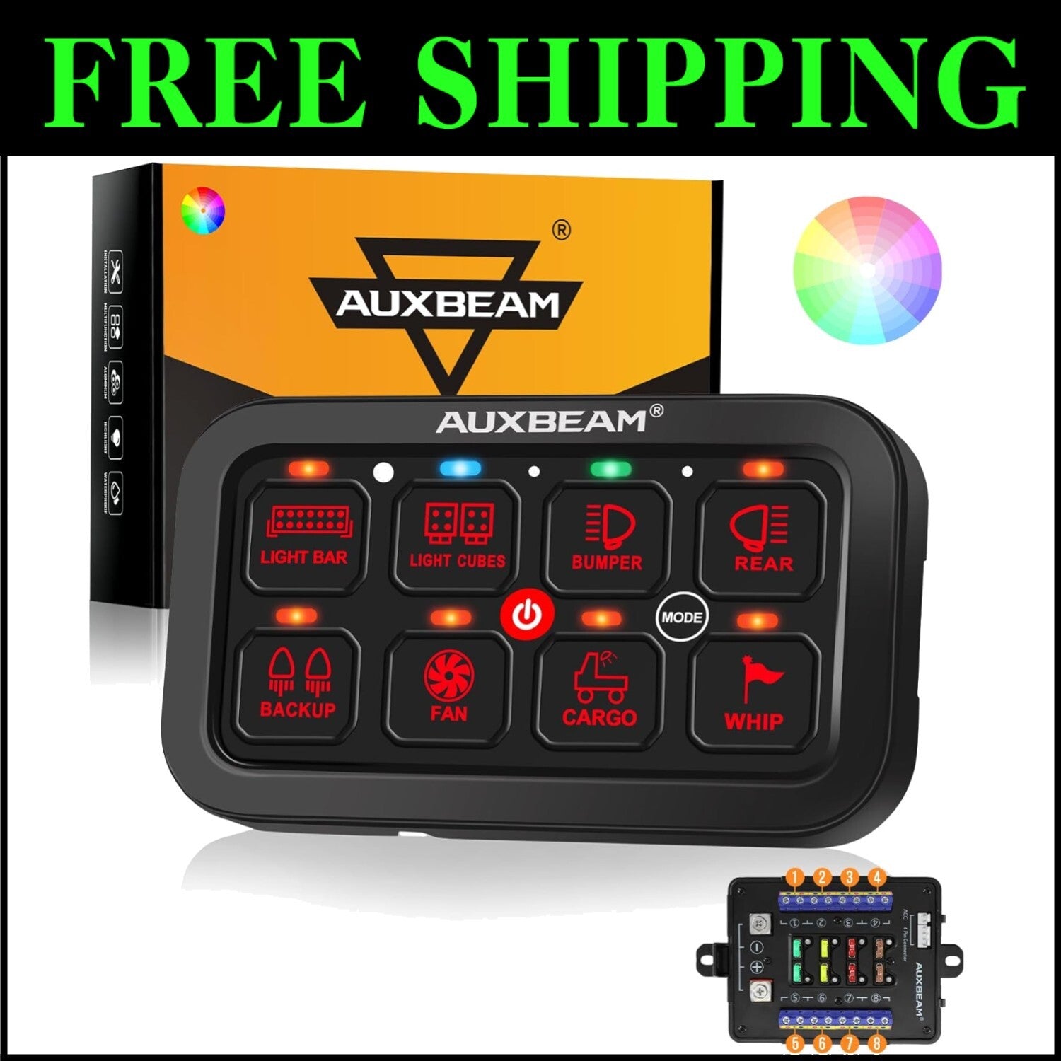 Custom RGB 8 Gang Switch Panel - 60 Amp Waterproof Control for Marine, RV, Car