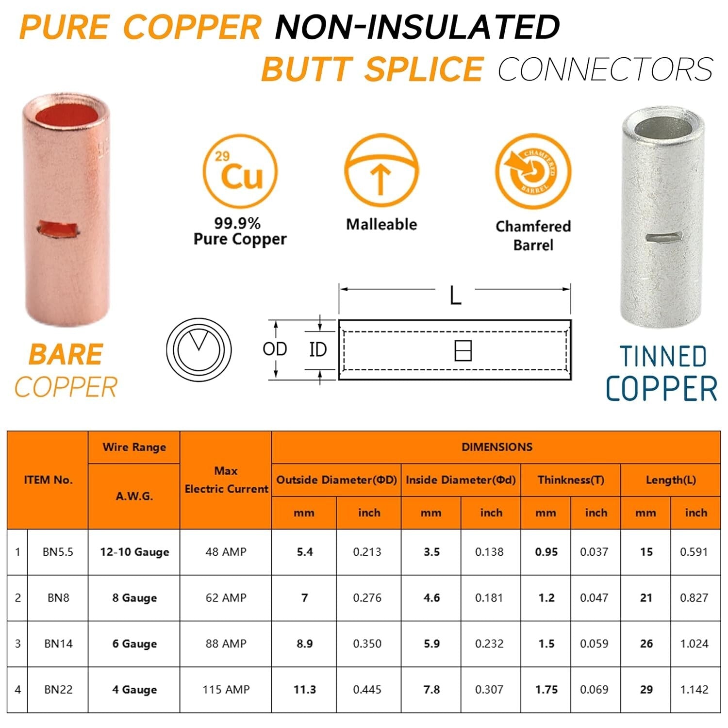 Versatile 132 PCS Non-Insulated Butt Splice Connectors - Crimp & Solder Options