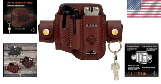 Chestnut Leather EDC Organizer - Two-Pocket Multitool Sheath for Easy Carry