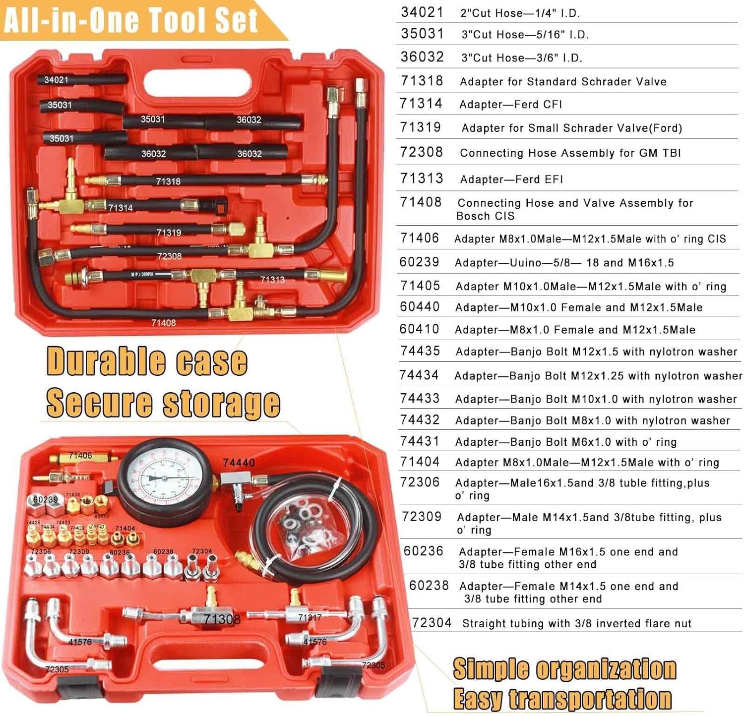 High-Precision 0-140 PSI Fuel Pressure Gauge Kit with Adapters & Tubing - 45PCS