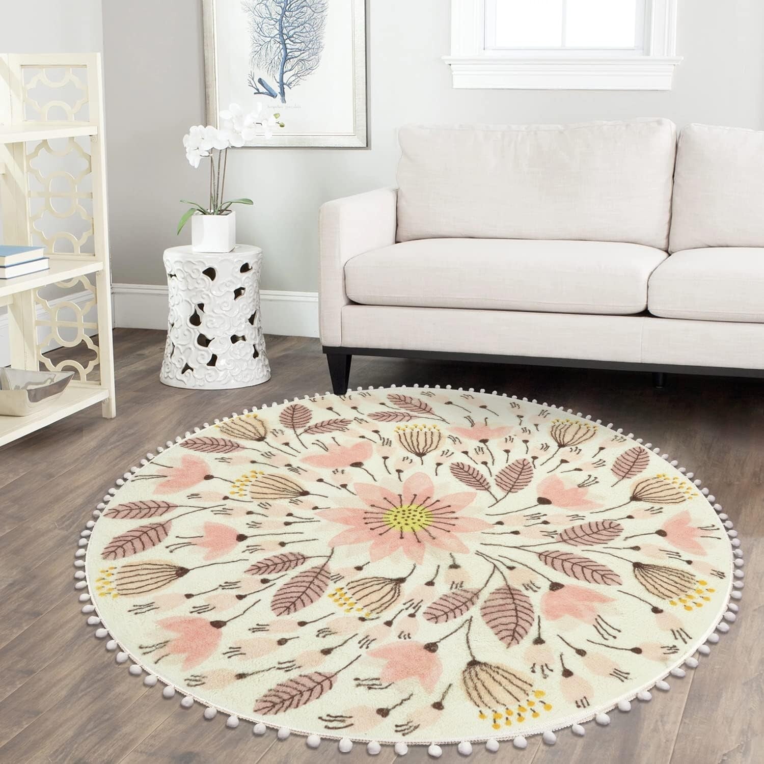 Charming 5.3' Circle Pom Pom Rug - Cozy Non-Slip Floor Mat for Nursery & More