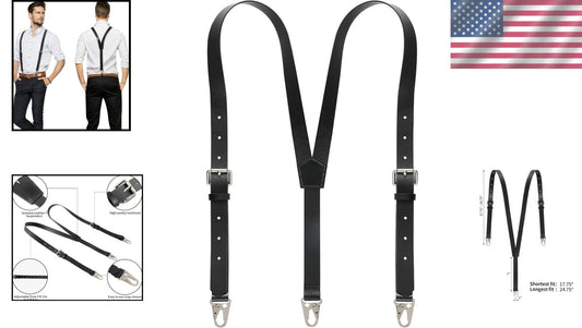Classic Black Leather Suspenders for Men - Elegant Y Design, 8 Adjustable Sizes