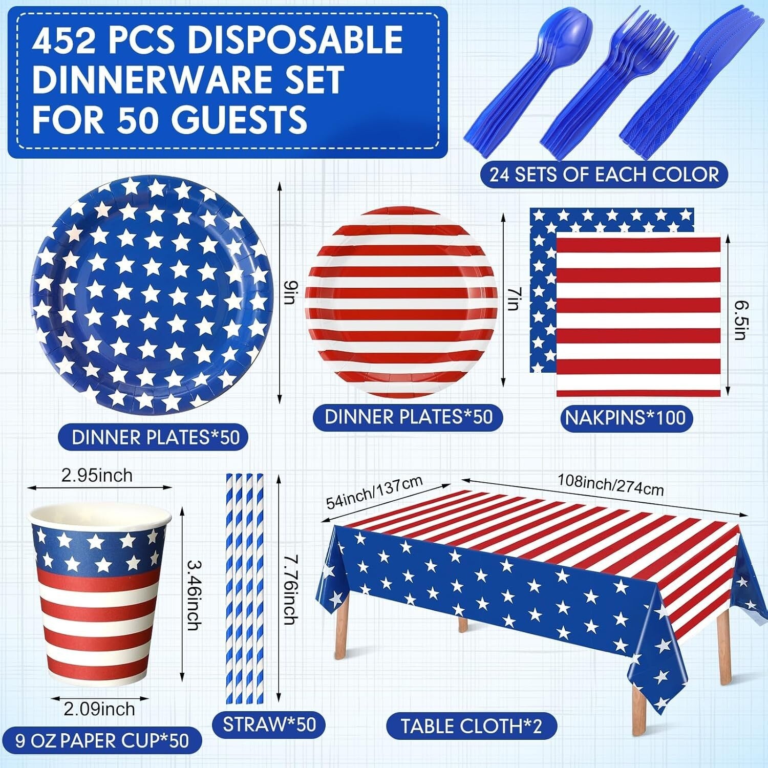 American Flag Themed 452 Pcs Disposable Party Set for 4th of July Festivities